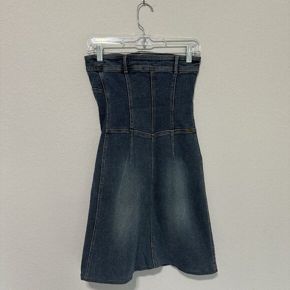Mango Denim Strapless Mini Dress Womens Size 4 Stretch 1/4 Zip Up 2000s - Picture 2 of 6